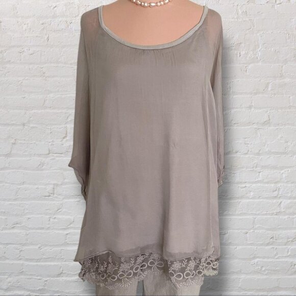 H.Trend Taupe Sheer Silk Romantic Lace-Trim Tunic Blouse - Women's M - Picture 2 of 7